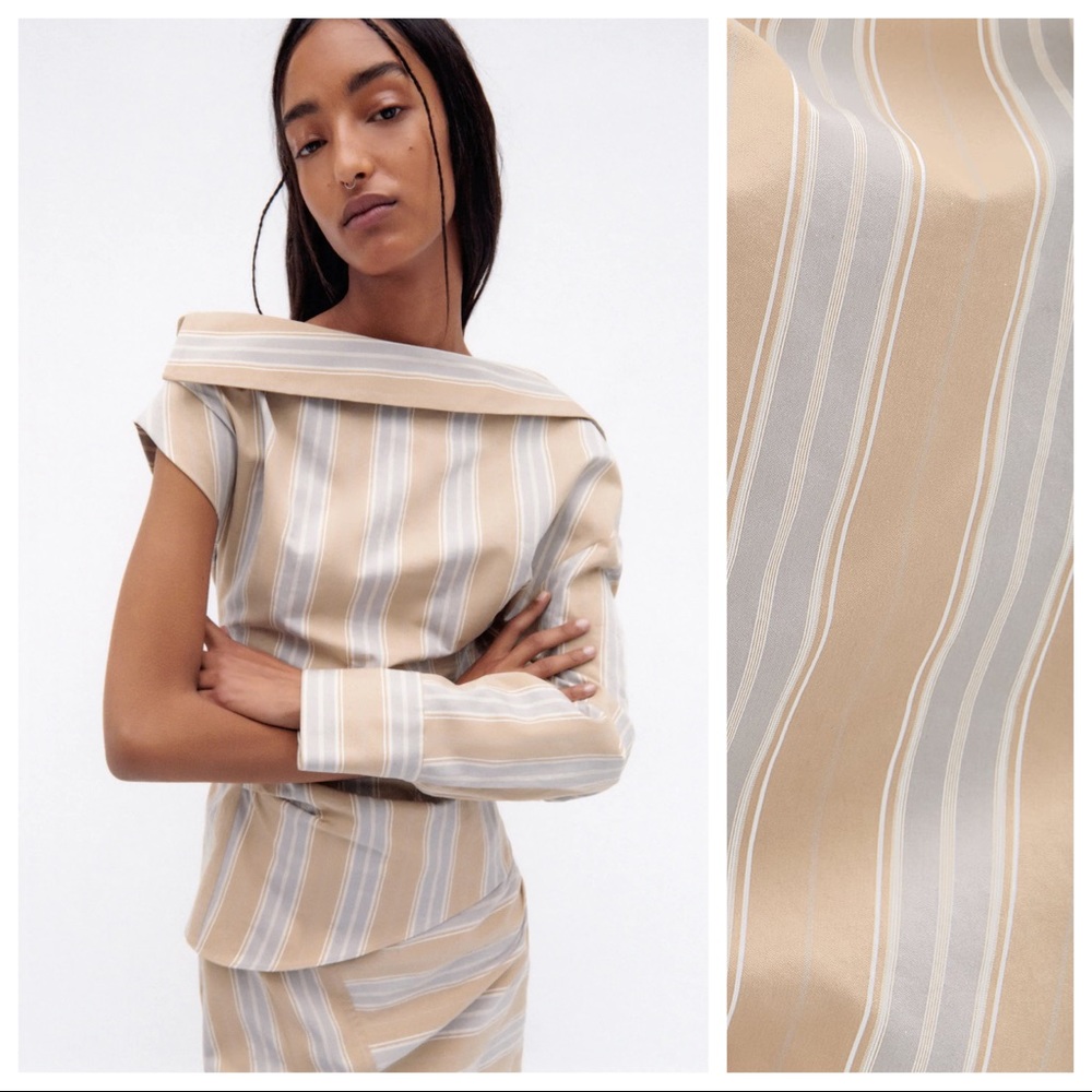 Zara Beige and White Striped Off-Shoulder Top